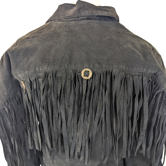 Vintage 80s Fringe Leather Jacket Western Womens Black Distressed - Picture 5 of 14